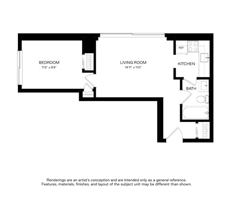Floor plan for 1 bed, 1 bath, 470 sqft